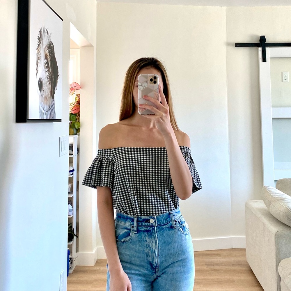 Express Over the Shoulder Gingham Plaid Top XS
